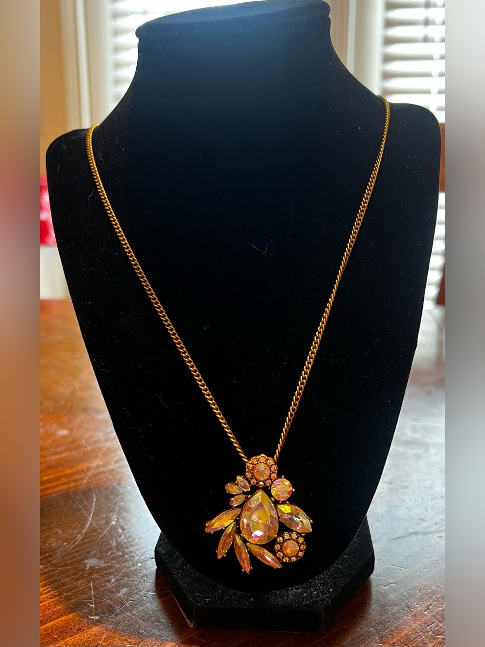 J. CREW Aurora Borealis Rhinestone Pendant 32" Long Necklace w/ Gold Tone Chain